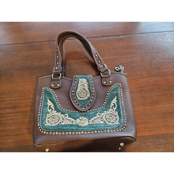 Montana West Buckle Shoulder Tote Purse Concealed Carry Rhinestones Brown Green - Picture 4 of 12